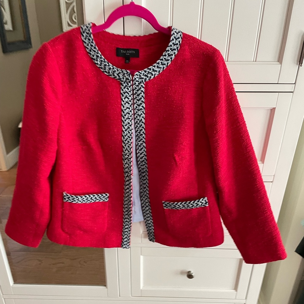 Talbots Red Tweed Cropped Blazer with Black & White Trim